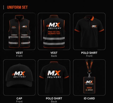 MX Delivery rider uniform set: vest, polo shirt, cap and ID card