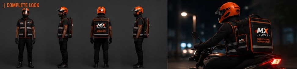 Complete MX Delivery rider look with helmet and insulated backpack
