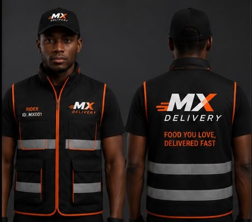 MX Delivery rider wearing the branded reflective vest and cap